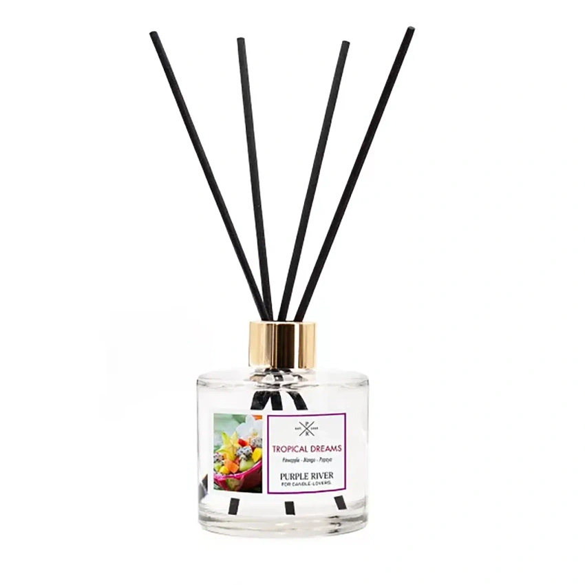 Bâtonnets parfumés dans une bouteille en verre emballés dans une boîte mangue papaye Tropical Dreams Purple River 200 ml