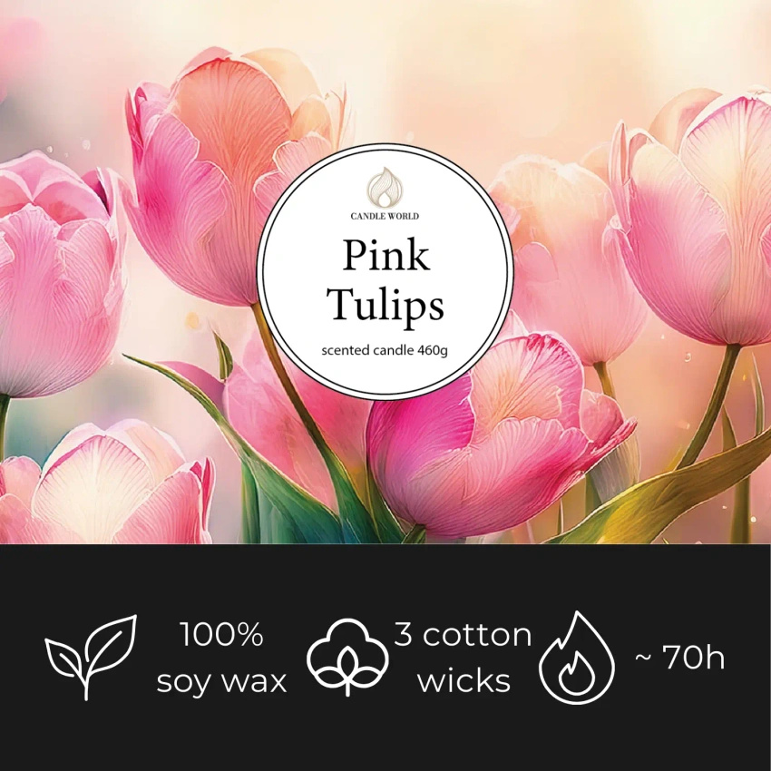 Candle World bougie parfumée au soja floral 3 mèches Pink Tulips 460 g