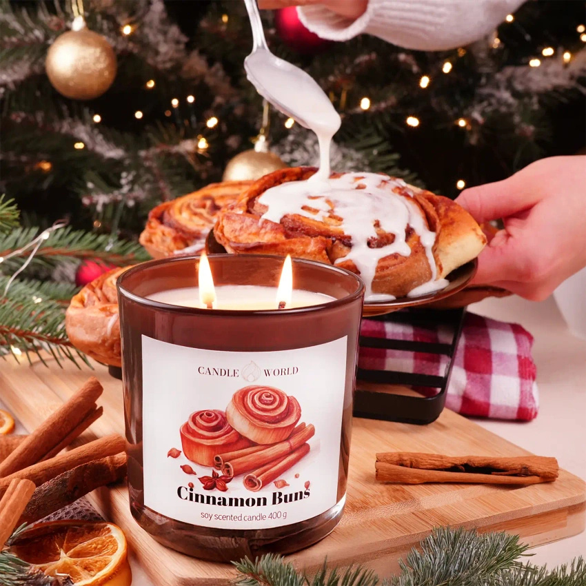Candle World candela di soia in vetro profumato Cinnamon Buns Cannella 400 g