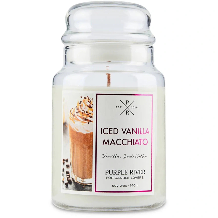 Grande bougie parfumée de soja dans en verre café glacé Iced Vanilla Macchiato Purple River 623 g