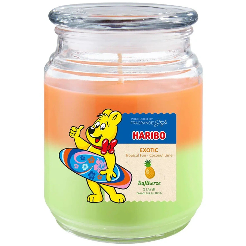 Haribo grande bougie parfumée en verre 2en1 Exotic bonbons gélifiés fruits tropicaux noix de coco 510 g