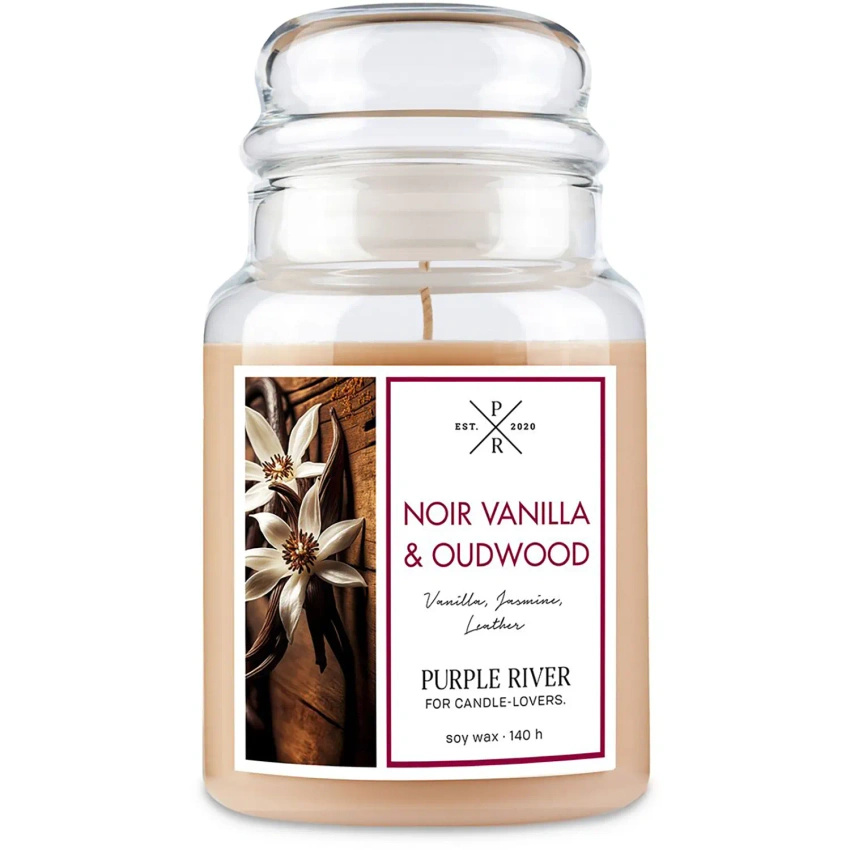 Große Soja-Duftkerze im Glas orientalische Vanille Noir Vanilla Oudwood Purple River 623 g