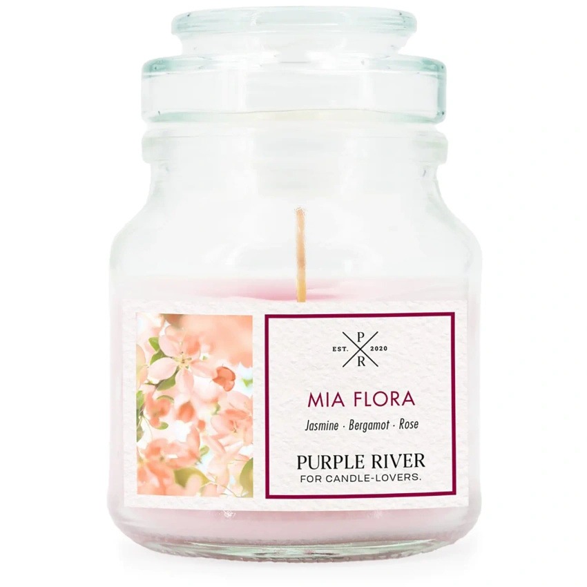  Soja geurkaars in glas bloemen Mia Flora Purple River113 g