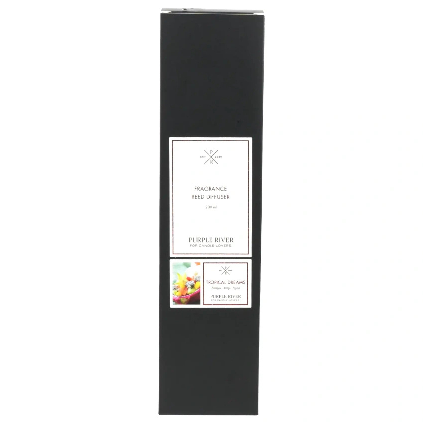 Bâtonnets parfumés dans une bouteille en verre emballés dans une boîte mangue papaye Tropical Dreams Purple River 200 ml