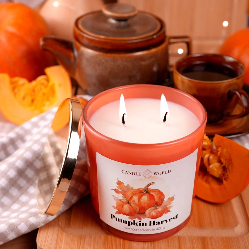 Candle World candela profumata di soia in vetro Pumpkin Harvest Zucca 400 g