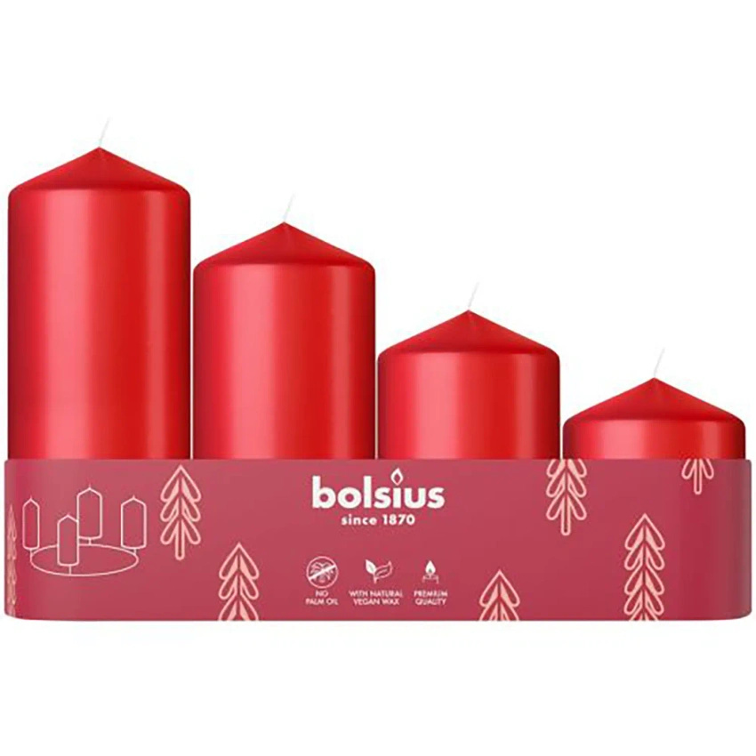 Bolsius bougie de l'Avent non parfumée, set de 4 bougies mixtes - Rouge
