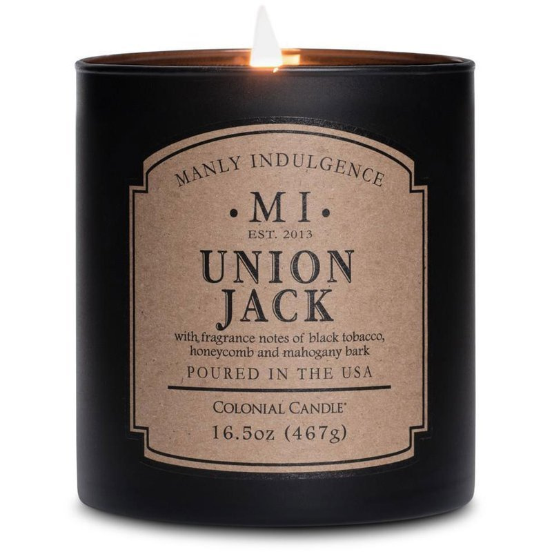 Męska świeca zapachowa sojowa w czarnym szkle z pokrywką Union Jack Colonial Candle 467 g