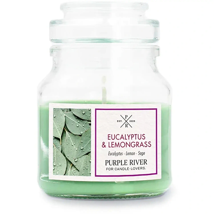 Sojowa świeca zapachowa w szkle eukaliptus trawa cytrynowa Eucalyptus Lemongrass Purple River 113 g