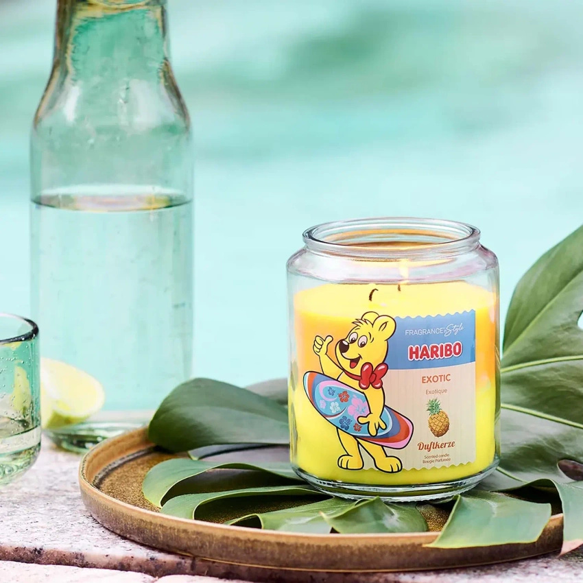 Haribo grande bougie parfumée en verre 2en1 Exotic bonbons gélifiés fruits tropicaux noix de coco 510 g