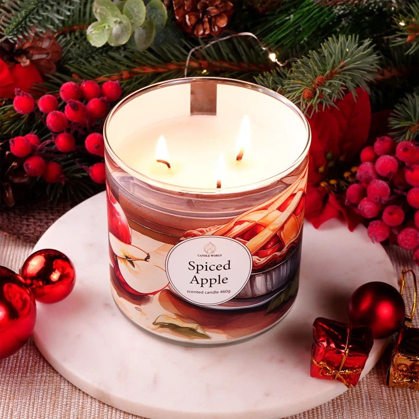 Candle World bougie parfumée au soja 3 mèches Spiced Apple Pomme Cannelle 460 g