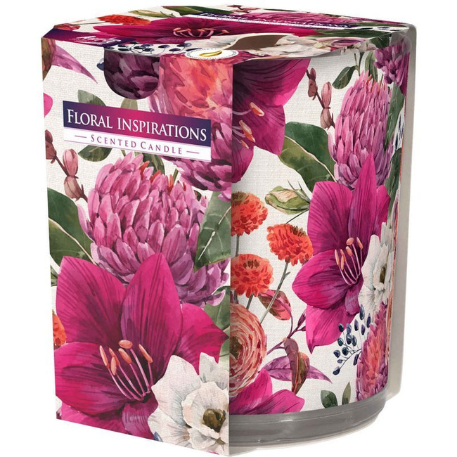 Bispol Aura świeca zapachowa w szkle z nadrukiem wzór pudełko 100 g - Floral Inspirations Kwiaty