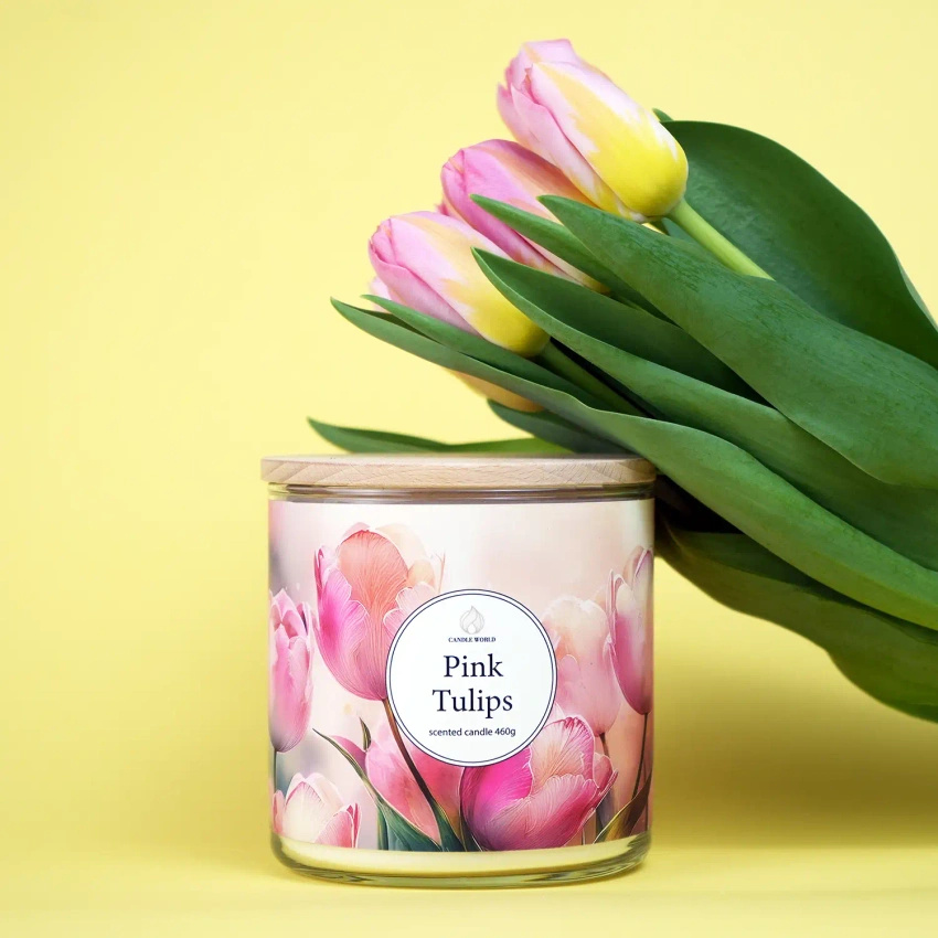 Candle World vela perfumada floral de soja 3 mechas Pink Tulips 460 g