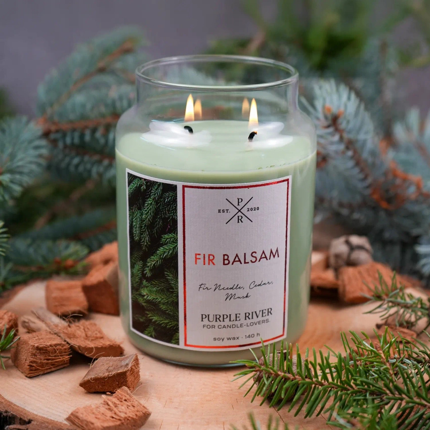 Candela grande profumata di soia in vetro abete pino Fir Balsam Purple River 623 g