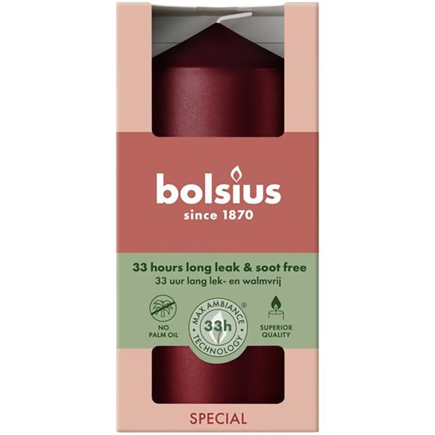 Bolsius nearomatizovaná sloupková svíčka 120/58 mm Essentials - červená metalíza
