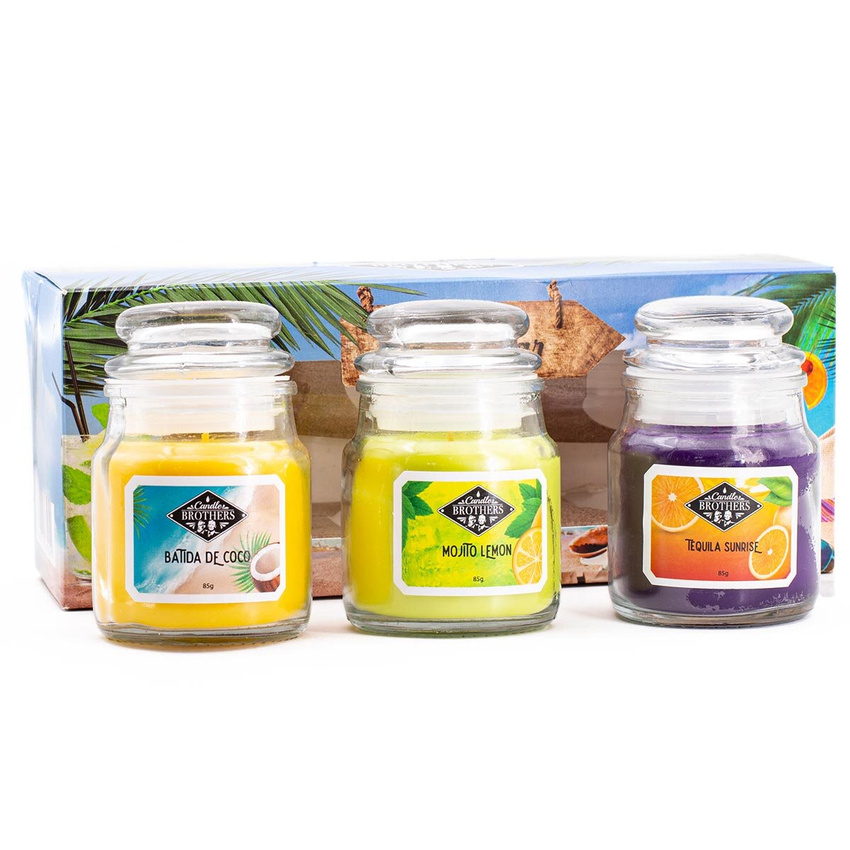 Sojowa świeca zapachowa w szkle zestaw prezentowy w pudełku Candle Brothers Beach Bar - Tropikalne Wakacje Mojito Cytrynowe Grenadyna Pomarańcza 3 x 85 g